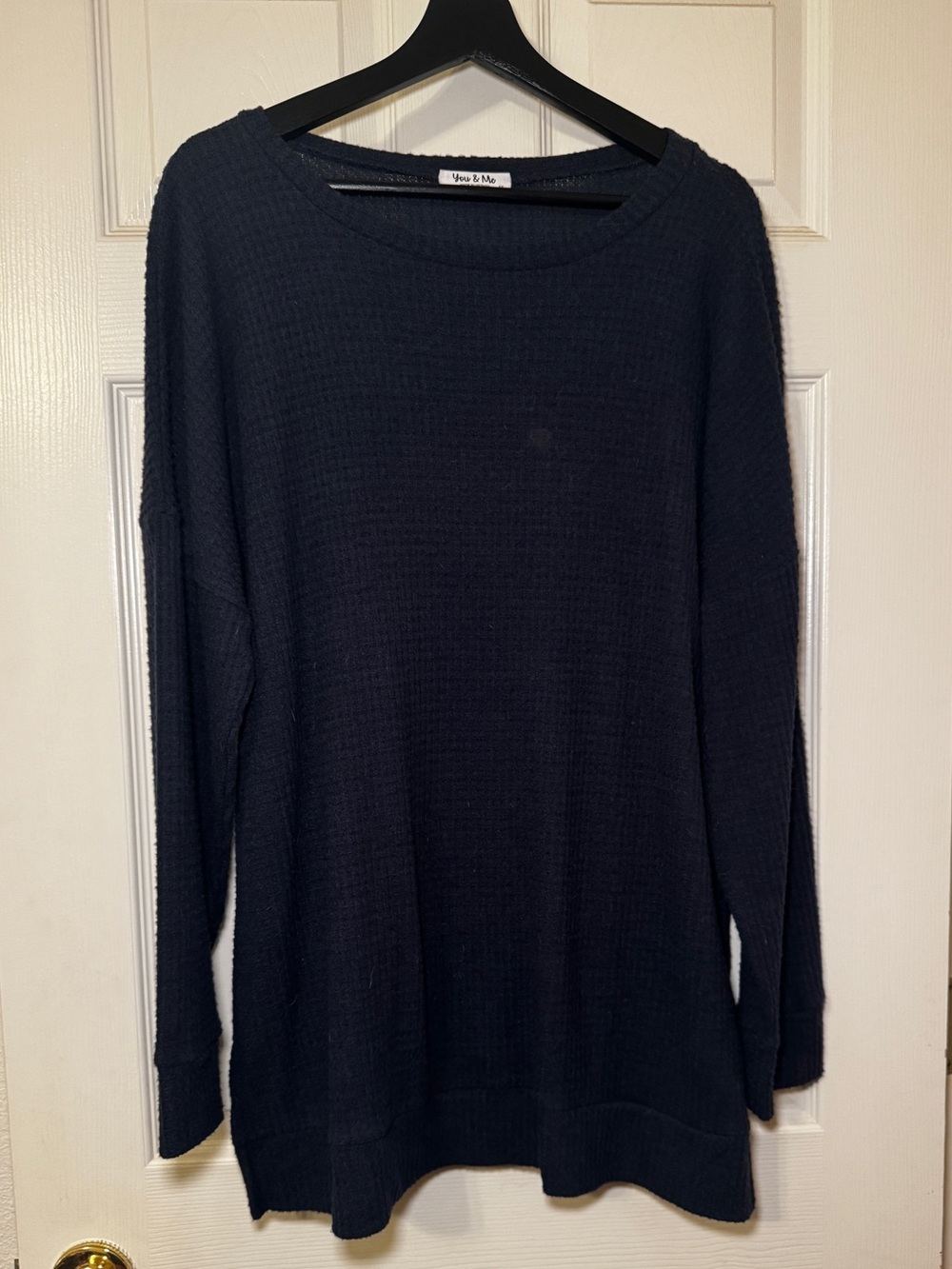 You & Me Women’s Plus Navy Waffle Knit Crewneck Sweater Size 1X